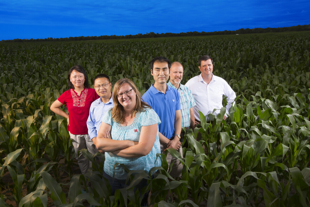 A UNL team is studying how climate and agricultural changes influence groundwater quality. From left: Yusong Li, civil engineering; Zhenghong Tang, community and regional planning; Shannon Bartelt-Hunt, civil engineering; Xu Li, civil engineering; Dan Snow, Nebraska Water Center; and Eric Thompson, economics. Not pictured is David Rosenbaum, economics.