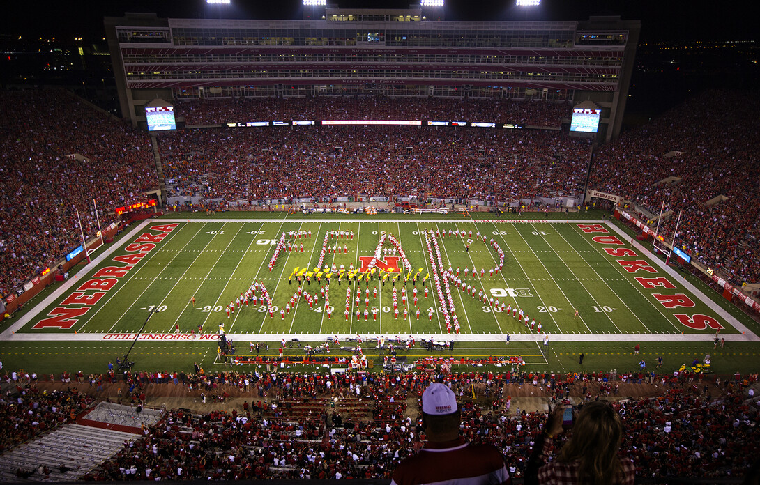 The Cornhusker Marching Band forms the words "Fear Ameer" on the Memorial Stadium turf during halftime of the Sept. 27, 2014 game with Illinois.