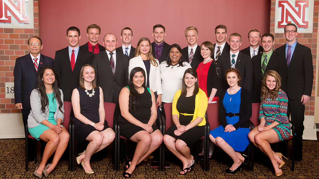 Participants in the 2015 Outstanding Student Leadership Awards event on April 10 were (seated, from left) Alia Noetzel, Madelyn Petersen, Elizabeth Rodriguez, Katelyn Watts, Tori Wheeler and Lauren Greufe; (standing) Juan Franco, Ben Halvorson, Joshua Waltjer, Jonathan Ference, Jay Linton, Annie Himes, Jared Thomsen, Aakriti Agrawal, Grant Rathje, Elizabeth Menhusen, Kevin Real, Ryan Drvol, Seth Schafersman, Jeremy Payne and Jonathan Berger. Not pictured is Jacqueline Juffer.