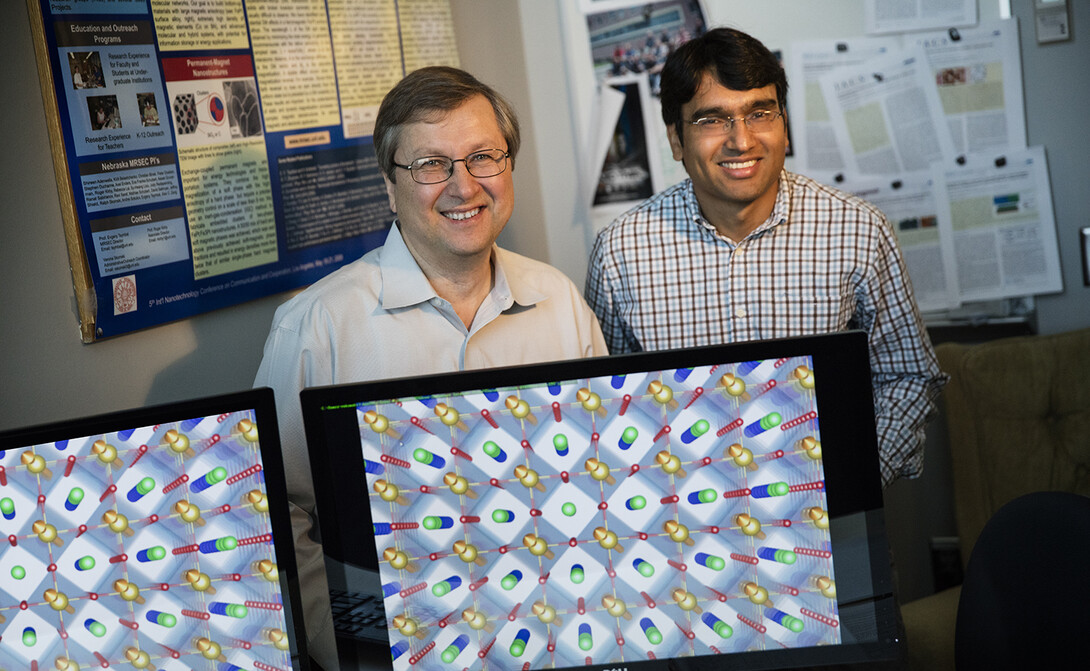 Evgeny Tsymbal (left), a George Holmes University Professor of physics, and Tula Paudel, research assistant professor of physics.