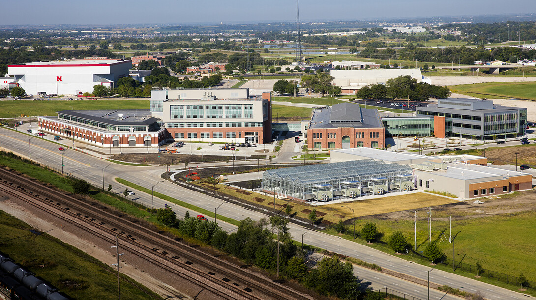 With the Bob Devaney Sports Center in the background (at left), three core buildings went online this year at Nebraska Innovation Campus. They are (clockwise, from bottom right) the Greenhouse Innovation Center, Food Innovation Center and Innovation Commons.