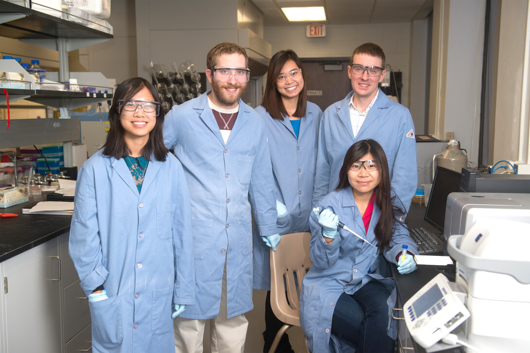 UNL chemists (from left) Tiffany Truong, Travis Nelson, Quyen Vu, Cliff Stains and Jia "Emma" Zhao.