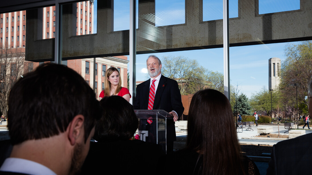 David Hall (right) and his daughter, Rebecca, deliver remarks during the dedication of UNL's new Adele Coryell Hall Learning Commons. David is Adele Coryell Hall's son.