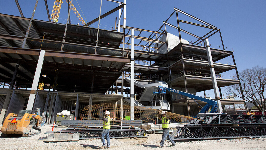 Construction continues on UNL's new CBA building at 14th and Vine streets.