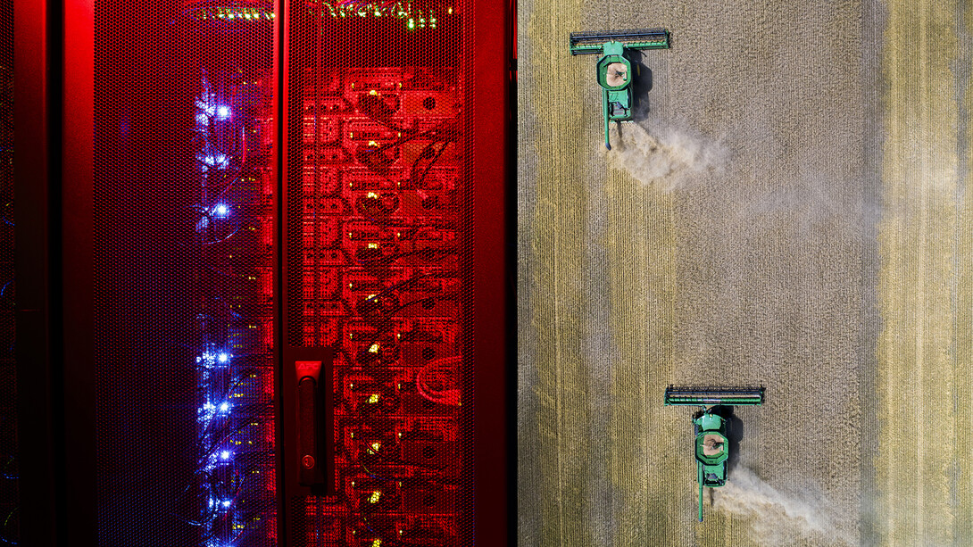 Photo composite featuring supercomputers lit red on the left and combines harvesting wheat on the right.