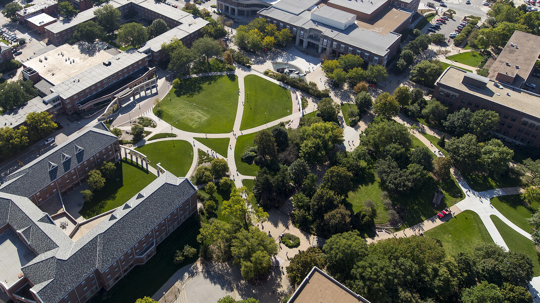 Aerial view of City Campus, including the Nebraska Union (top, left).