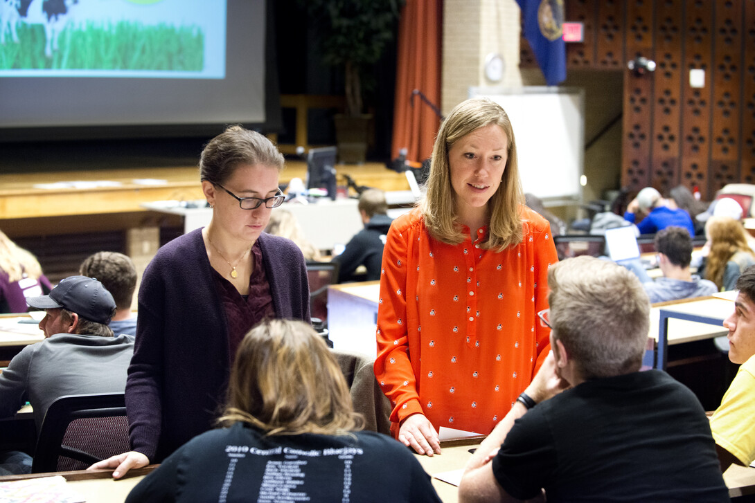 Jenny Dauer, assistant professor of natural resources, speaks with a student about a decision-making exercise. Dauer's forthcoming research is on using the decision-making model to teach scientific literacy.