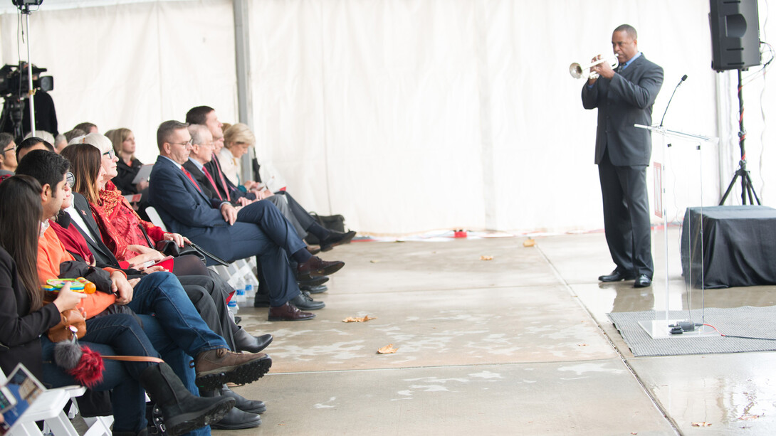 Darryl White, professor of trumpet, plays an improvised rendition of “There Is No Place Like Nebraska,” which included strains of “Amazing Grace," during the Nov. 22 ceremony.