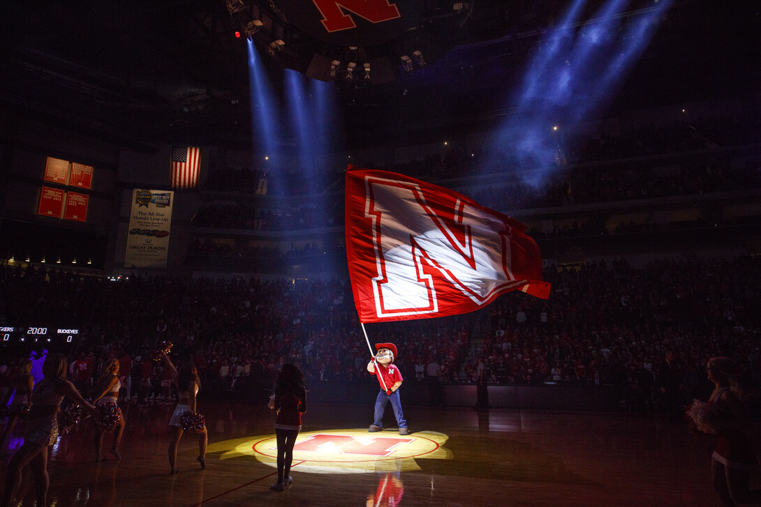 Herbie Husker waves the "N" flag before Nebraska's player introductions.