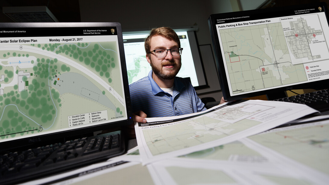 Austin Aren, a third-year landscape architecture student, is helping the National Park Service plan for solar eclipse events at Homestead National Monument.