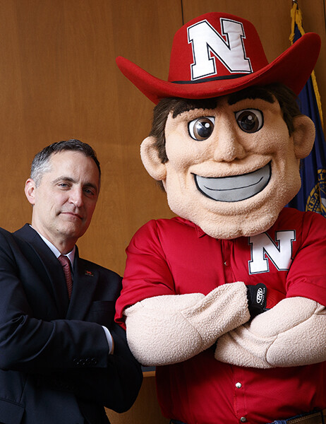 Richard Moberly, show here with Herbie Husker, has served on the Nebraska Law faculty since 2004.