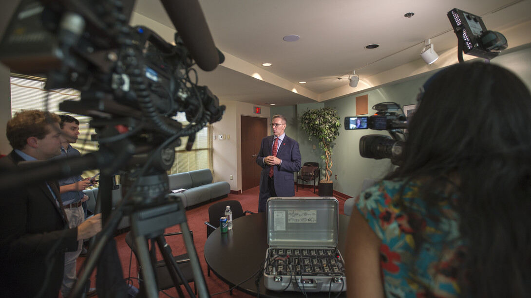 Chancellor Ronnie Green talks to media following the Sept. 19 State of the University address.