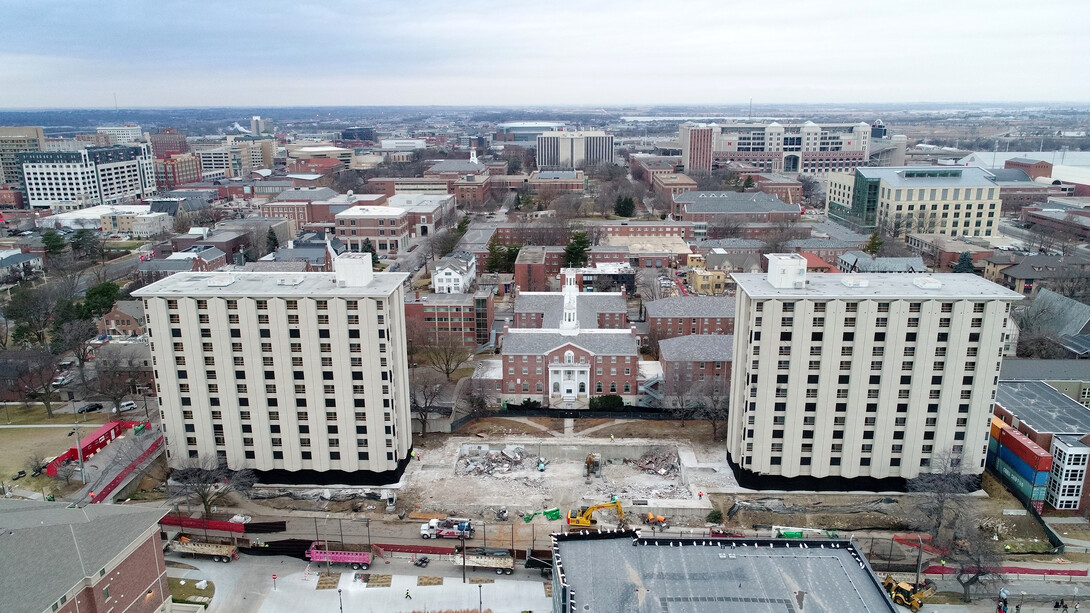 The university skyline will change Dec. 22 with the implosion of Cather (right) and Pound halls. The 13-story towers were Nebraska's first high-rise residence halls.