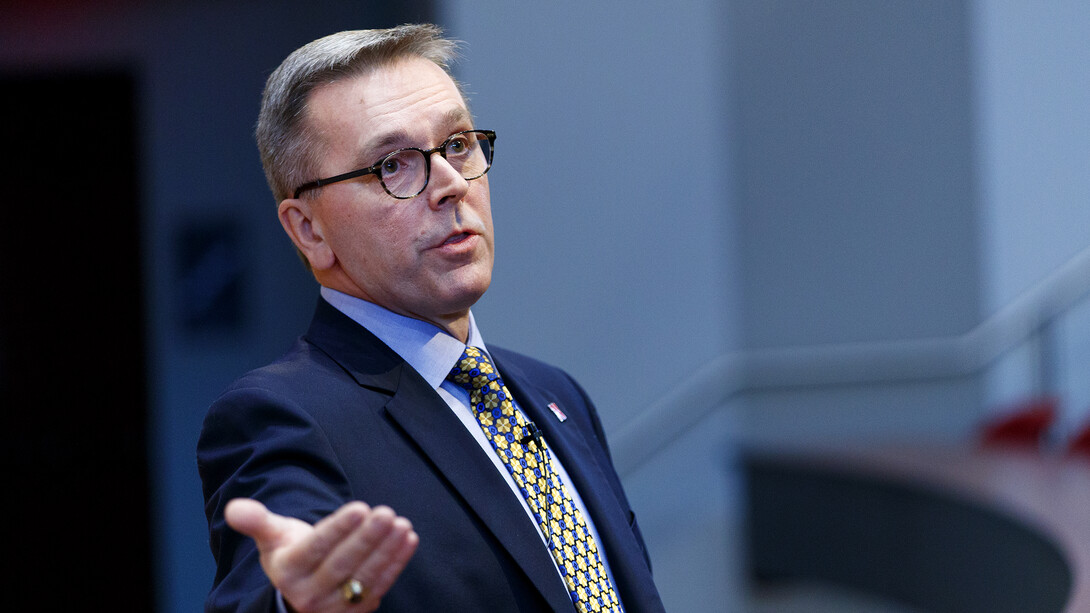 Chancellor Ronnie Green talks to university leaders during a Jan. 22 town hall meeting at Nebraska Innovation Campus.