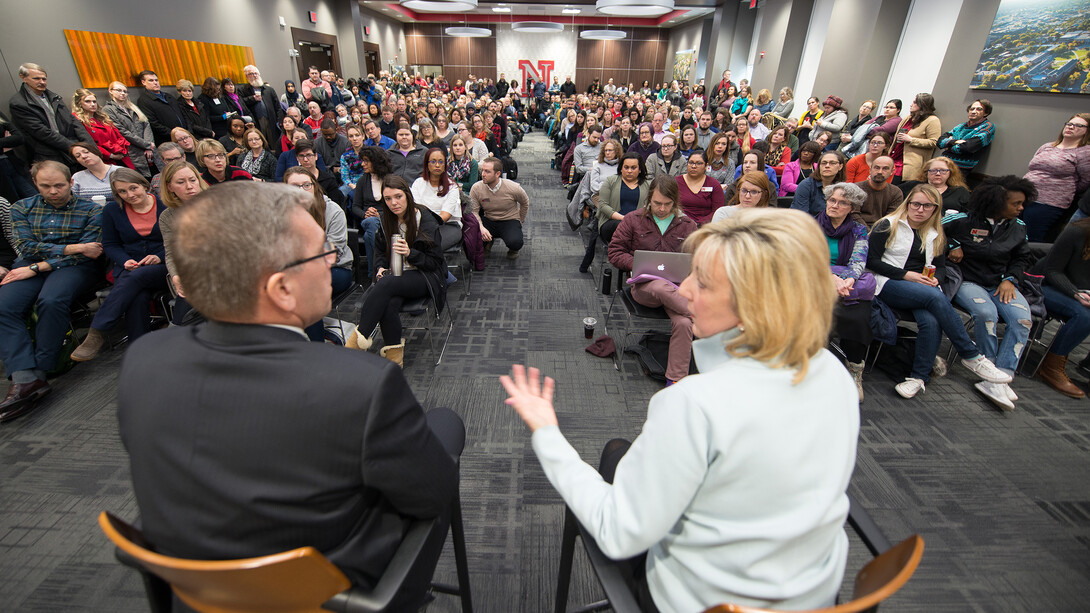 Nebraska's Donde Plowman (right) and Ronnie Green lead the faculty/staff listening session held Feb. 9 in the Nebraska Union.