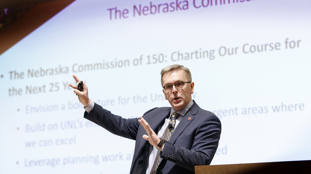 Chancellor Ronnie Green talks during his town hall presentation on March 5.