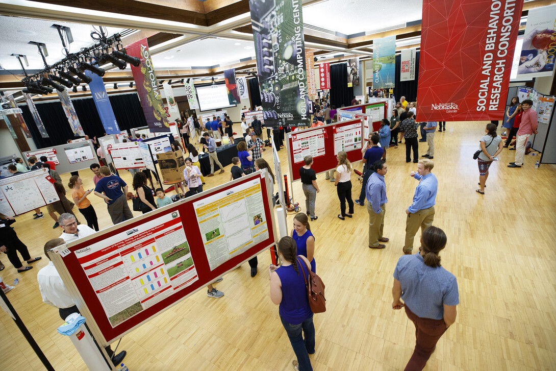 Summer Undergraduate Research Fair poster session in the Nebraska Union Ballroom. August 7, 2018.