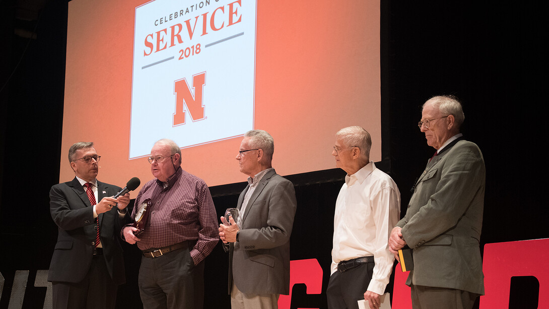 Chancellor Ronnie Green interviews faculty who earned honors for 45-plus years of service during the 2018 Service Awards ceremony in Kimball Hall. The 2019 event is Sept. 18 and is at the Coliseum.