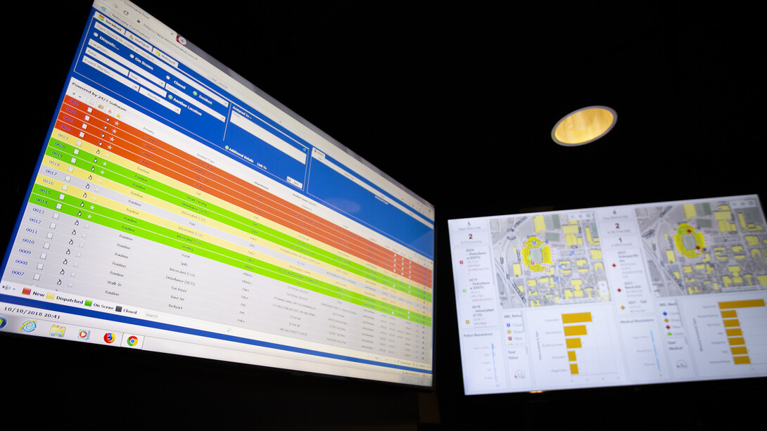 .Screens in the security room within Memorial Stadium outline first responder calls taken during the Purdue game in September. Calls received are coded — red for call received; yellow for first-responder dispatched; green for first-responder on scene; and gray for resolved. The UPD-led game day security team does not leave the stadium until all calls are resolved.