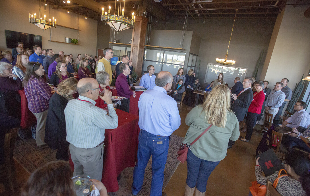 Chancellor Ronnie Green talks to volunteers during the United Way Combined Campaign kickoff event on Oct. 23 at Nebraska Innovation Campus. More than 150 volunteers will help promote the Combined Campaign in departments and units universitywide.