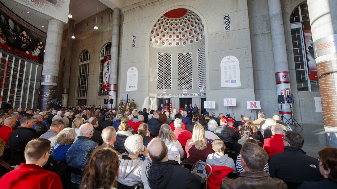 More than 350 attended the Nov. 11, 2018 dedication of new Memorial Stadium plaques celebrating the World War I service and sacrifice of Nebraskans and University of Nebraska students. The memorial plaques are located by Gate 20 in East Memorial Stadium.