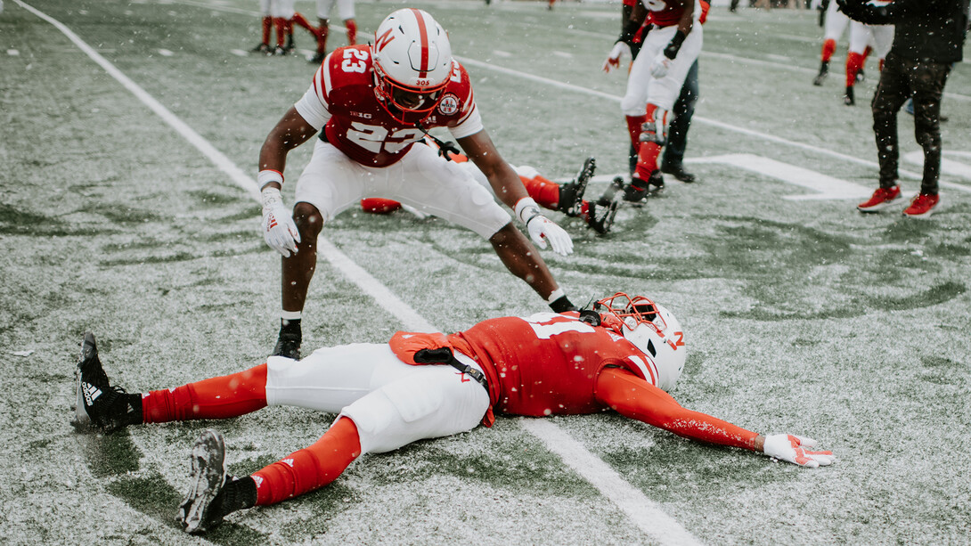 Huskers celebrate a 9-6 victory over Michigan State during Senior Day in Memorial Stadium on Nov. 17.