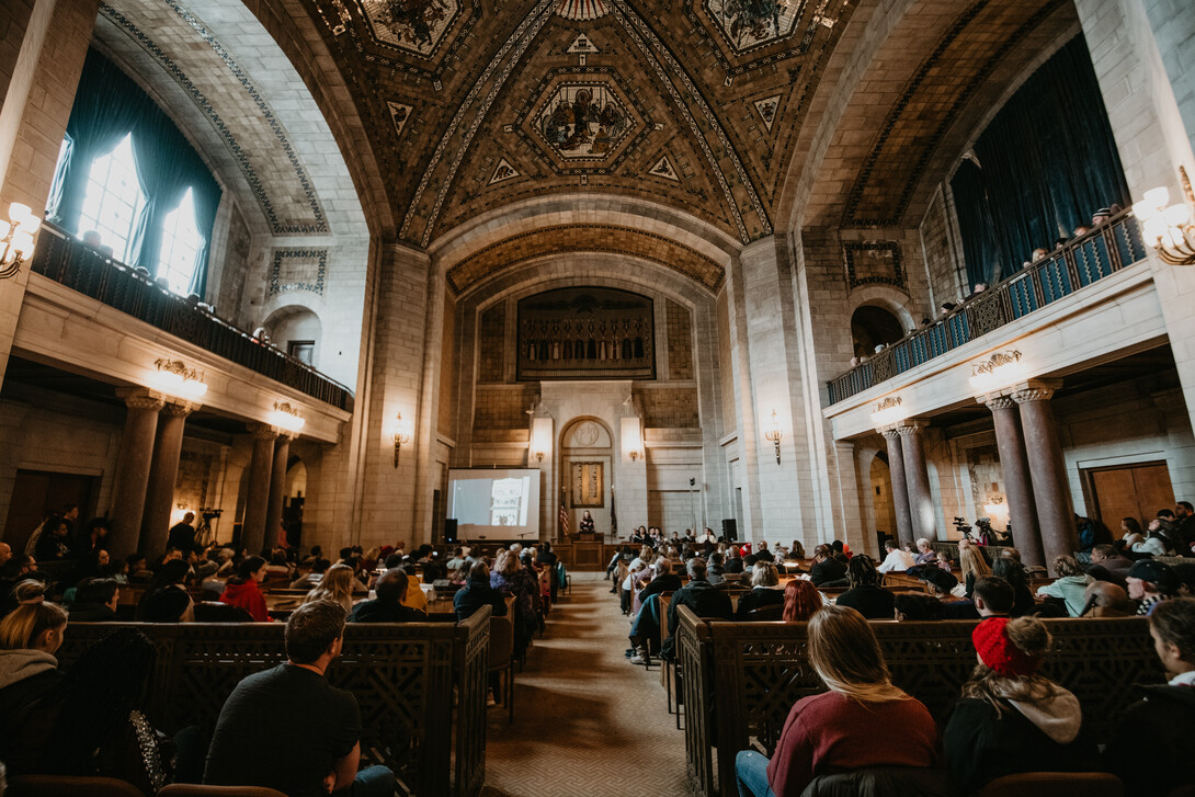 Students gather in the West Legislative Chamber in the Nebraska State Capitol during a Martin Luther King Jr. rally on Jan. 21. The chamber is home to the Nebraska Unicameral.