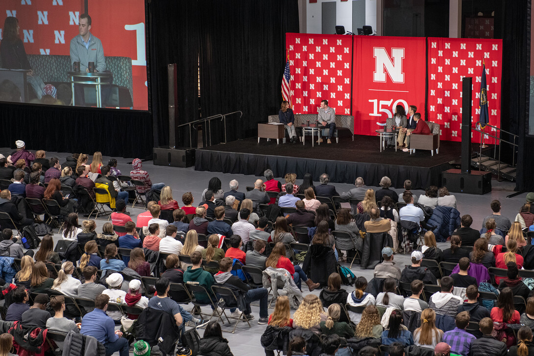 Students, faculty and staff listen to the panel discussion with Sen. Ben Sasse during a Charter Week event Feb. 11 at the Coliseum.
