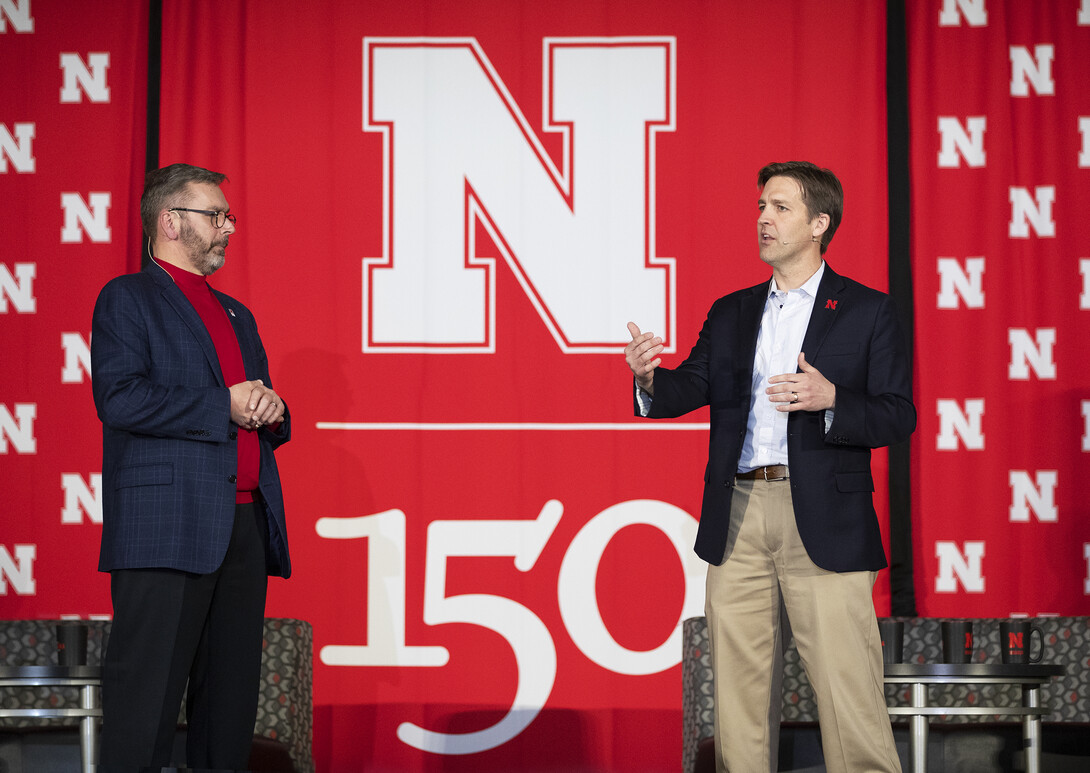 Chancellor Ronnie Green (left) and Sen. Ben Sasse took centerstage to begin the Feb. 11 conversation at the Coliseum. The event theme was, “Why Don’t We Get Along? How Huskers Can Change the Future.”