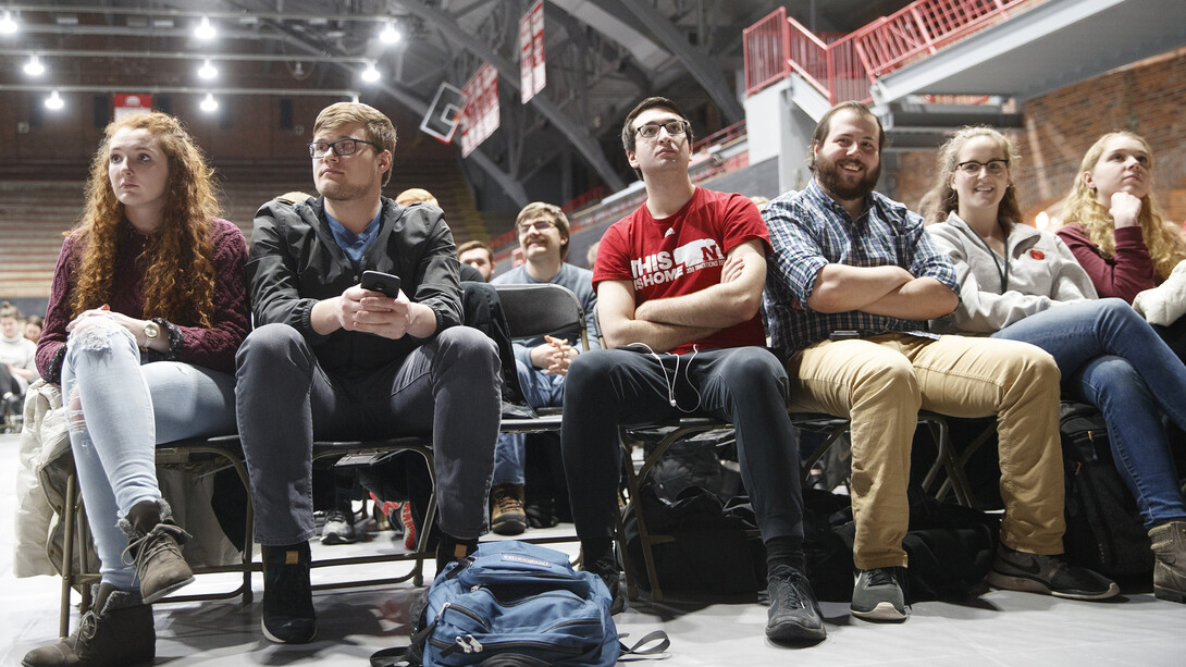 Huskers listen and react during the conversation with Sen. Ben Sasse in the Coliseum. The event opened the university's Charter Week celebration.