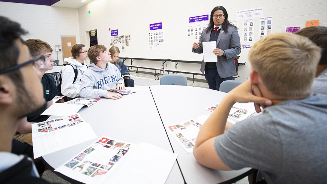 Abel Covarrubias meets with juniors at Minden High School on April 23. Covarrubias is one of three recruiters dedicated to western Nebraska.