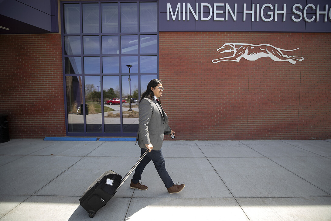 Abel Covarrubias rolls into Minden High School during a recruitment stop in April.