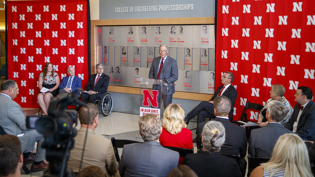 Kiewit CEO Bruce Grewcock delivers remarks during the Sept. 16 announcement of the naming of Kiewit Hall. Peter Kiewit Sons’, Inc., has committed $20 million toward the $85 million engineering facility.