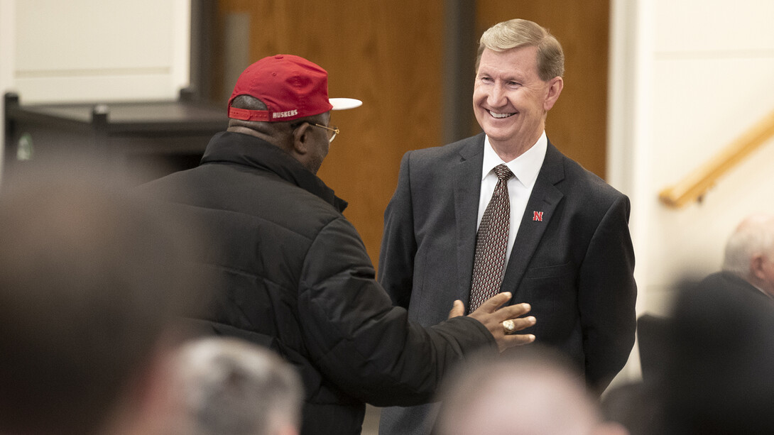 Zainudeen "Deen" Popoola Aromire talks with Ted Carter during the faculty/staff open forum in the Nebraska Union's Swanson Auditorium on Nov. 5. Aromore talked with Carter about his joy for working at the university and about the importance of diversity and inclusion.