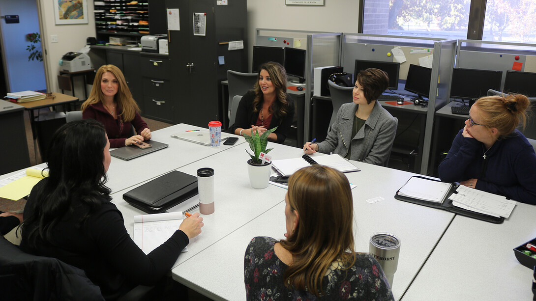 (Clockwise from bottom right): Lori Synhorst, Data Coordinator, ACFW; Ashley Brown, President, KVC Nebraska; Alex Trout, Research Professor, ACFW; Jacqueline Huscroft-D'Angelo, Research Associate Professor, ACFW; Cassandra Dittmer, Director of Family Pres