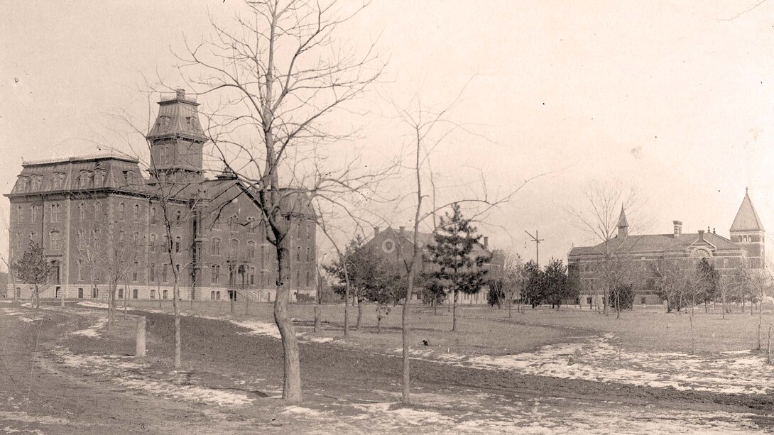 Some of the earliest buildings on campus were (from left) University Hall (1869-1948), Grant Memorial Hall (1887-1966) and old Chemistry Laboratory (1885-1963).