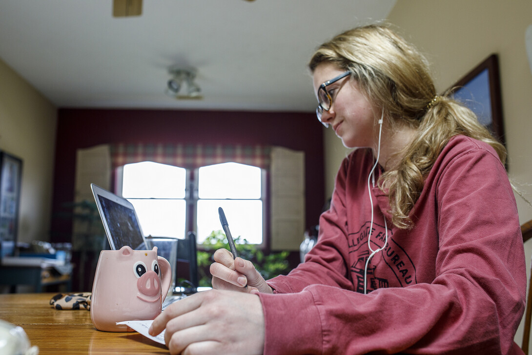 Emily Frenzen, a senior in agricultural and environmental science communication, Zooms in on a class from Fullerton, Nebraska, in March 2020. 