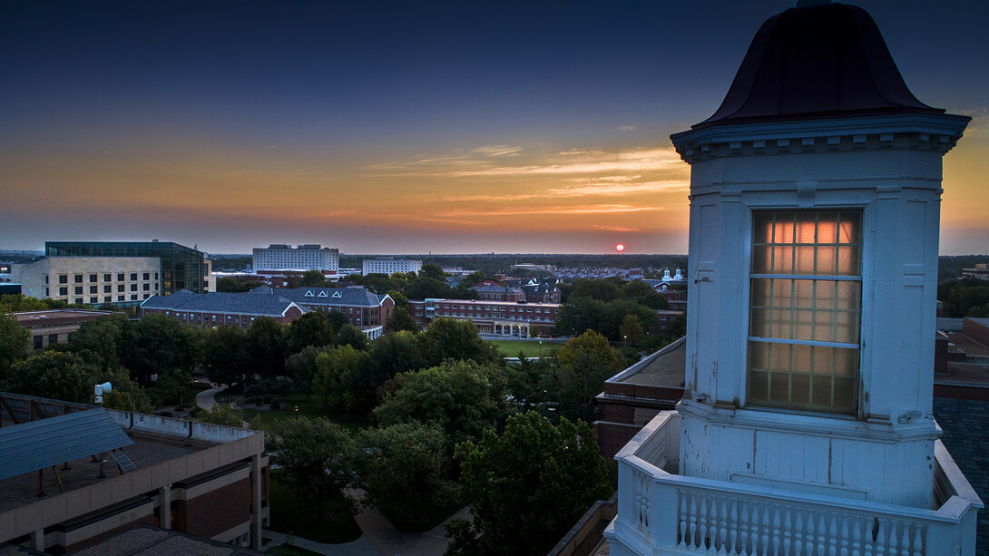 Love Library cupola at sunrise