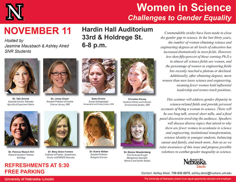 The "Women in Science: Challenges to Gender Equality" seminar will address gender disparity in science-related fields and provide personal accounts of being a woman in science. 