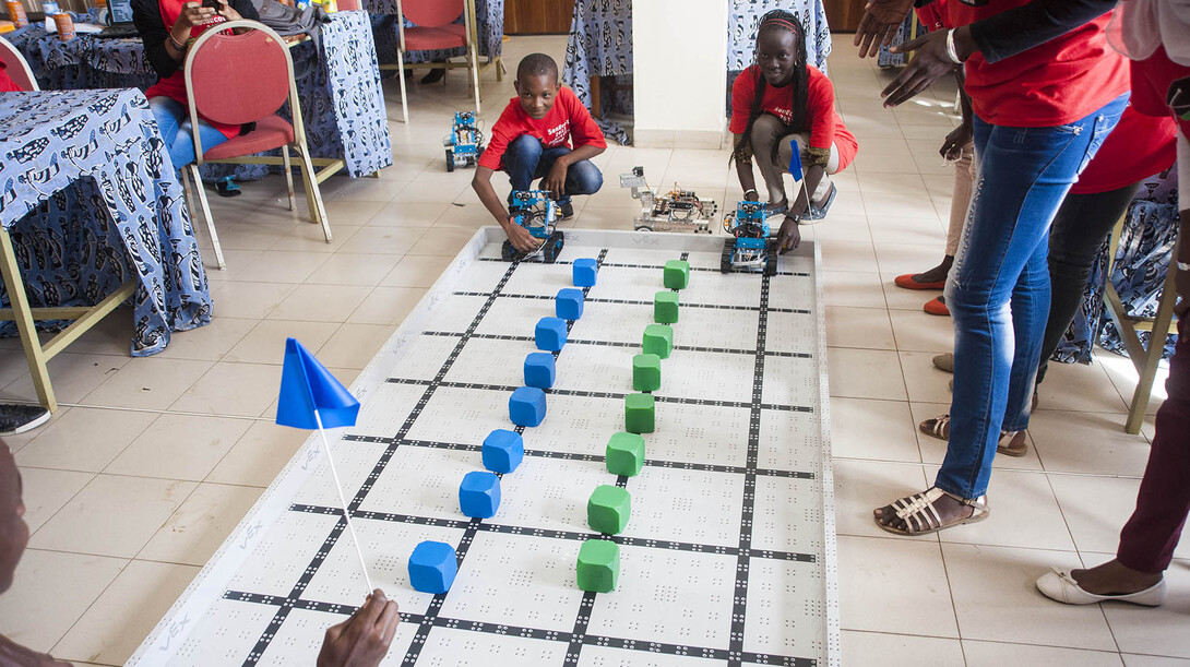 Students prepare to race robots during the third and final day of Sidy Ndao's robotics camp, held in Dakar, Sengal, in March 2015.