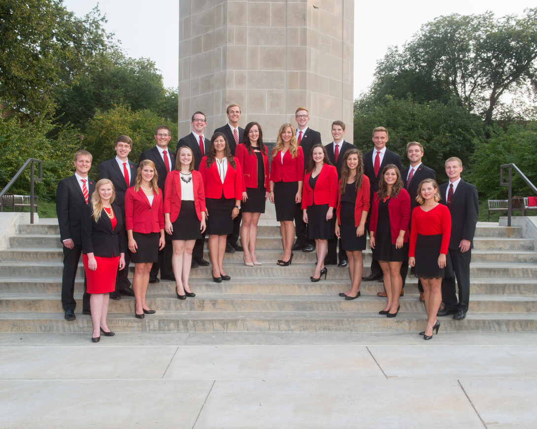 The Homecoming 2015 royalty finalists are: (back row, from left) Tanner Nelson, Glen Ready, Brian Klintworth, Jonathan Berger, Jacob Vasa, Christopher Davidson, Brennan Costello, Josh Waltjer, Tommy Olson and Ryan Drvol; (front row, from left) Elizabeth Uehling, Larissa Wach, Madelyn Petersen, Maci Lienemann, Maggie Schneider, Kayla German, Kathryn Rentfro, Hannah Brenden, Gillian Tvrdik and Ann Himes.