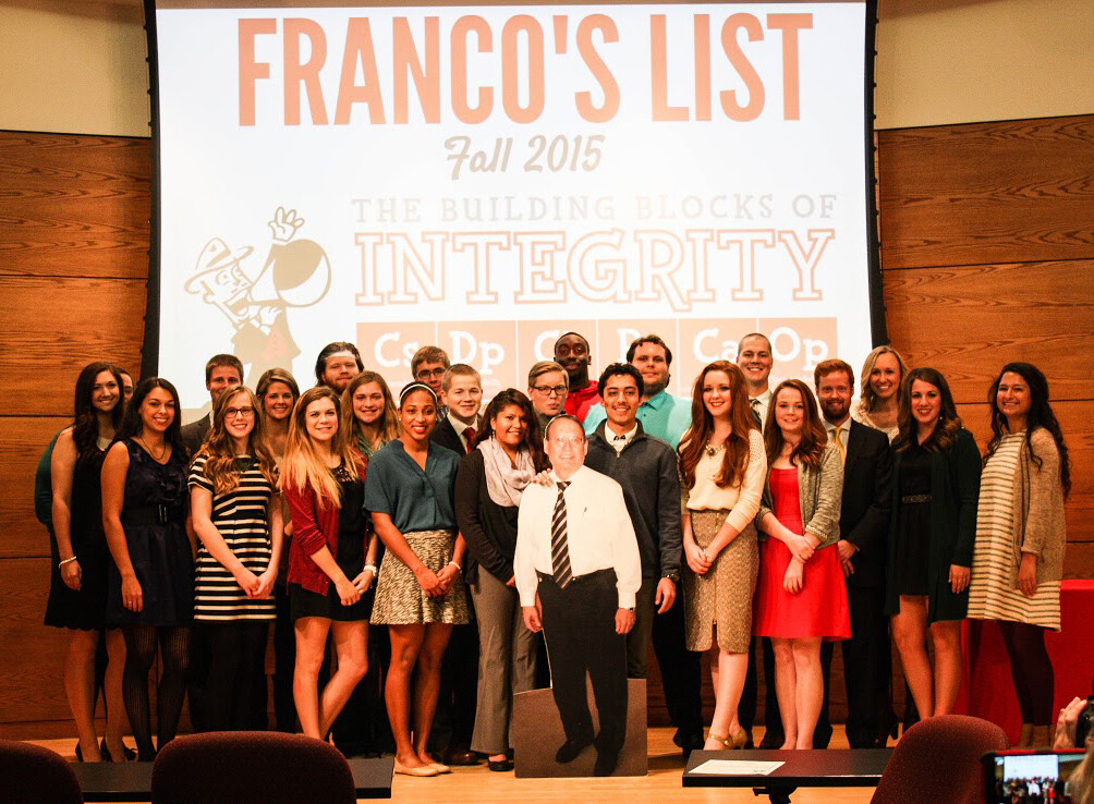 Students named to the fall 2015 Franco's List are (from left) Paige Garber, Deanna Hobbs, Rebekka Schlichting, Dylan Craig, Joslyn Jensen, Haley Scanlan, Sydny Boyd, Sam Foltz, Holly Podliska, Bria DeVeaux, Marsh Lemen, Ryan Evers, Virginia Calderon, Dylan Wrightsman, Freedom Akinmoladun, Ky Veney, Jordan Knapp, Eden Diehl, Tanner Gosda, Madison Wurtele, Robert Schmidt, Samantha Nelson, Jessica Sher and Alia Noetzel. Not pictured are Yaeun Kang, Maeja Marsh, Erica Ness, Michaela Niemeyer and Val