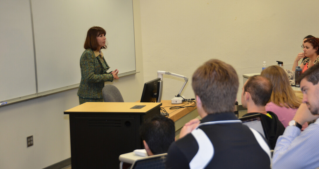 Laura Schulte speaks to students in the Leading People and Projects management course at the University of Nebraska-Lincoln. The students will present three local nonprofits with awards totaling $10,000 at a reception Dec. 10.