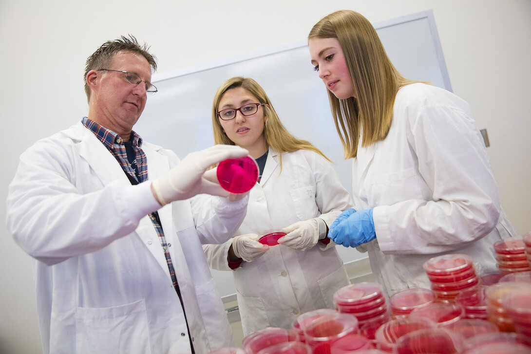 UNL's Andrew Benson (from left) discusses cultures with Shannon Rezac and Melanie Heerman. Benson teaches a food microbiology laboratory course in the Food Innovation Center at Nebraska Innovation Campus. The class works with identifying classes of salmonella on raw food.