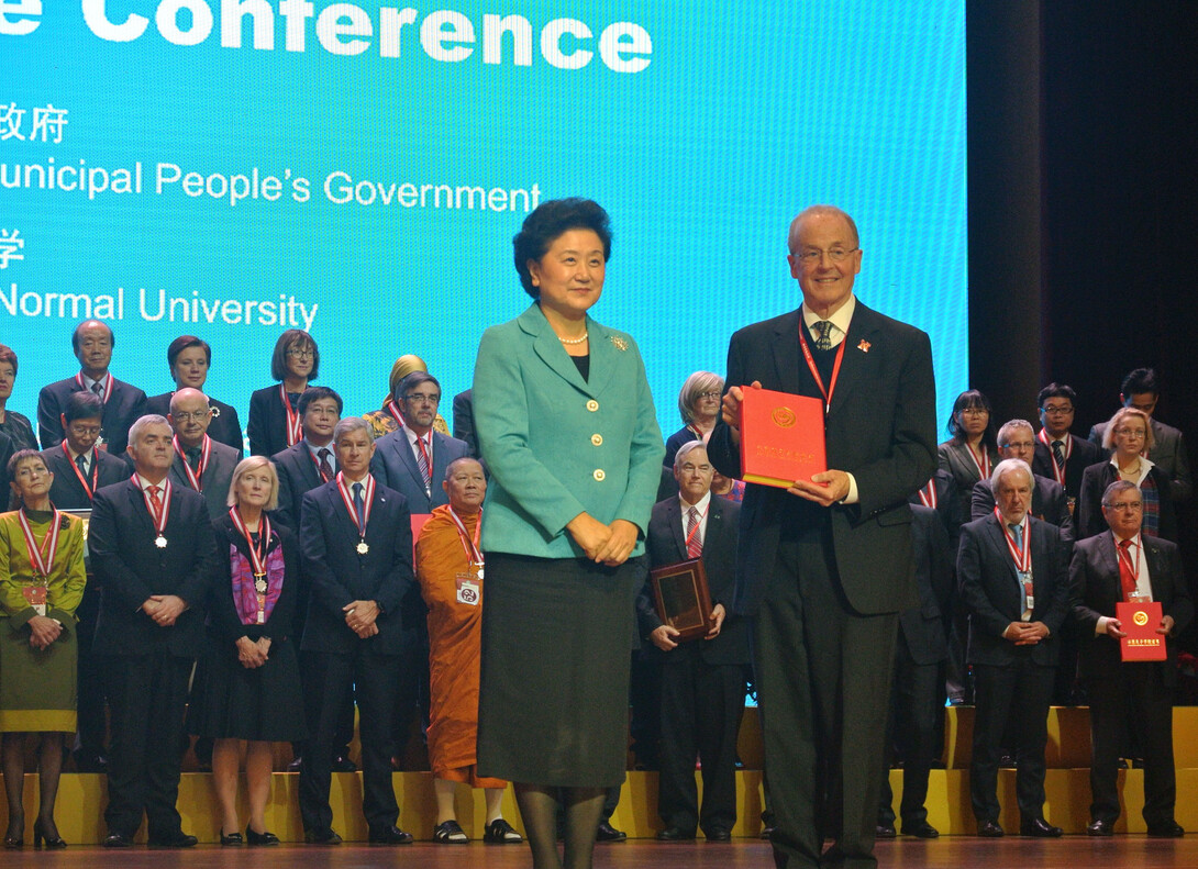 Chinese Vice Premier Liu Yandong (left) presents the model institute award to UNL Chancellor Harvey Perlman Dec. 6 during the 10th Confucius Institute Conference in Shanghai. The UNL Confucius Institute is one of about 10 worldwide to receive the honor.