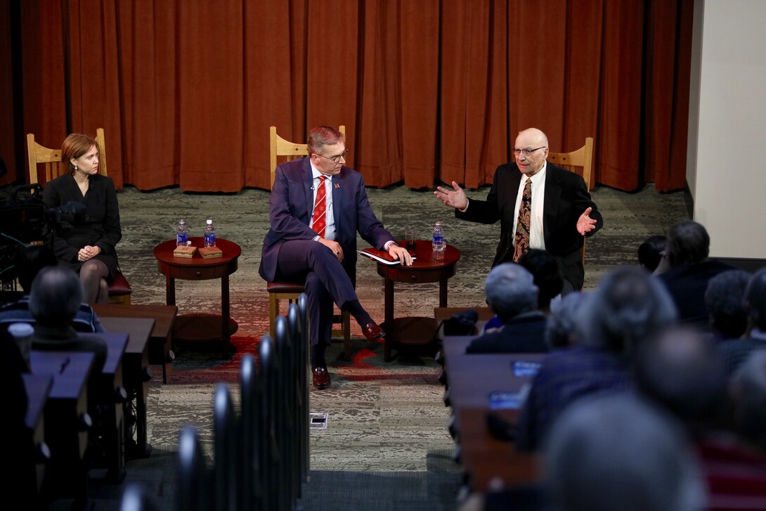 (From left) Darci Vetter, chief agricultural negotiator for the Office of the United States Trade Representative; moderator Ronnie Green, Harlan Vice Chancellor of the Institute of Agriculture and Natural Resources at UNL; and Clayton Yeutter, former U.S. trade representative and U.S. secretary of agriculture, converse during a Heuermann Lecture Jan. 12 at Nebraska Innovation Campus. 