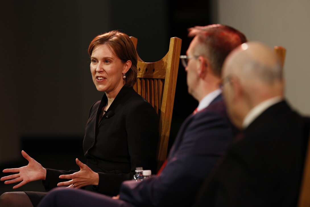 (From left) Darci Vetter, chief agricultural negotiator for the Office of the United States Trade Representative; moderator Ronnie Green, Harlan Vice Chancellor of the Institute of Agriculture and Natural Resources at UNL; and Clayton Yeutter, former U.S. trade representative and U.S. secretary of agriculture, converse during a Heuermann Lecture Jan. 12 at Nebraska Innovation Campus.