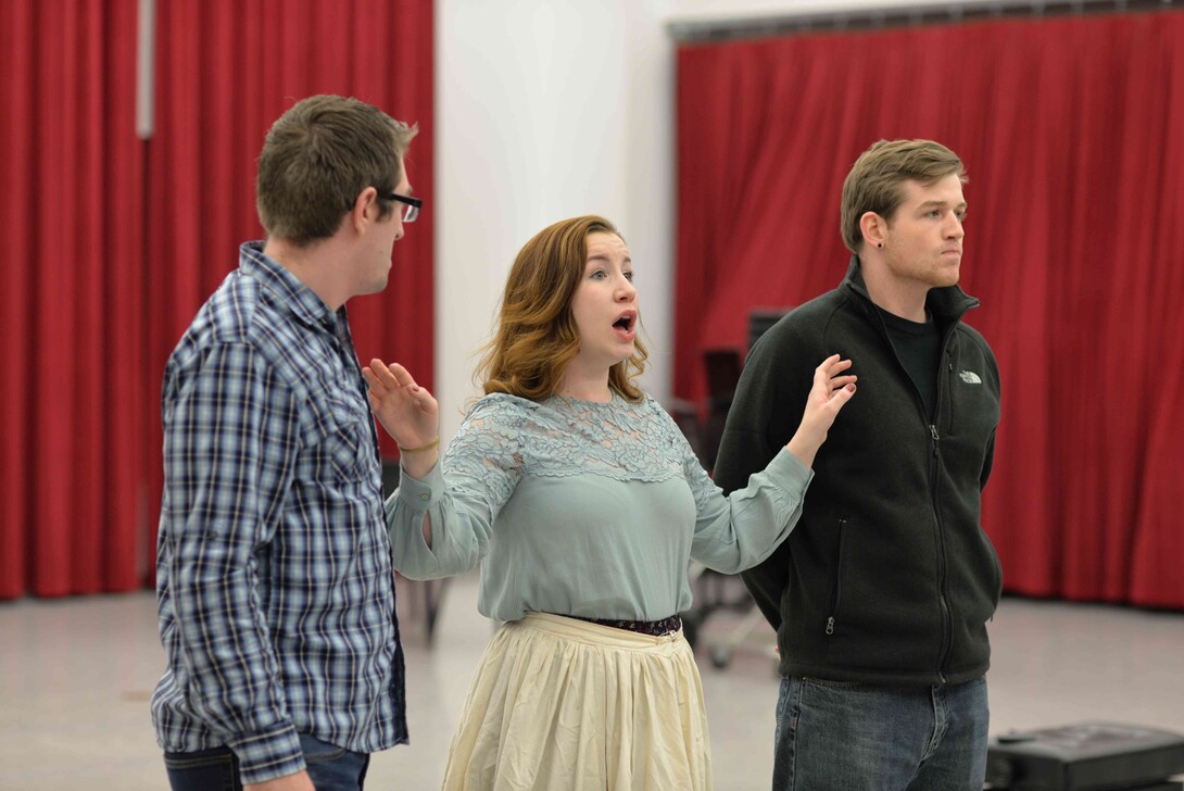 (From left) Matthew Clegg, Lee Ann Frahn and Eric Martens rehearse "The Tales of Hoffmann," which will be performed Feb. 19 and 21 in Kimball Recital Hall.