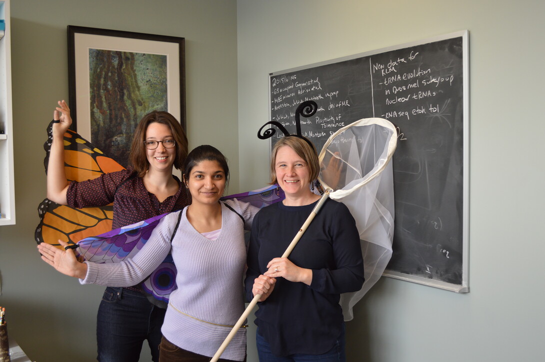 (From left) Katherine O'Brien and Omera Matoo, postdoctoral researchers in biology at UNL; and Kristi Montooth, associate professor of biology at UNL, will lead visitors in activities to explore evolution during Sunday with a Scientist Feb. 21 at Morrill Hall.