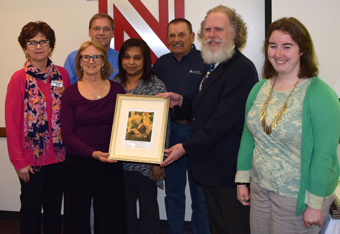 Nebraska Statewide Arboretum Board President Wanda Kelly (far left) presents the President's Citation Award to (from left) Nebraska Environmental Trust Director Mark Brohman and representatives Marilyn Tabor, Sheila Johnson, Henry Brandt, Paul Dunn and Allison La Duke at an awards reception March 4 in Lincoln.